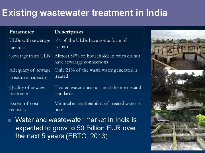 Existing wastewater treatment in India n Water and wastewater market in India is expected