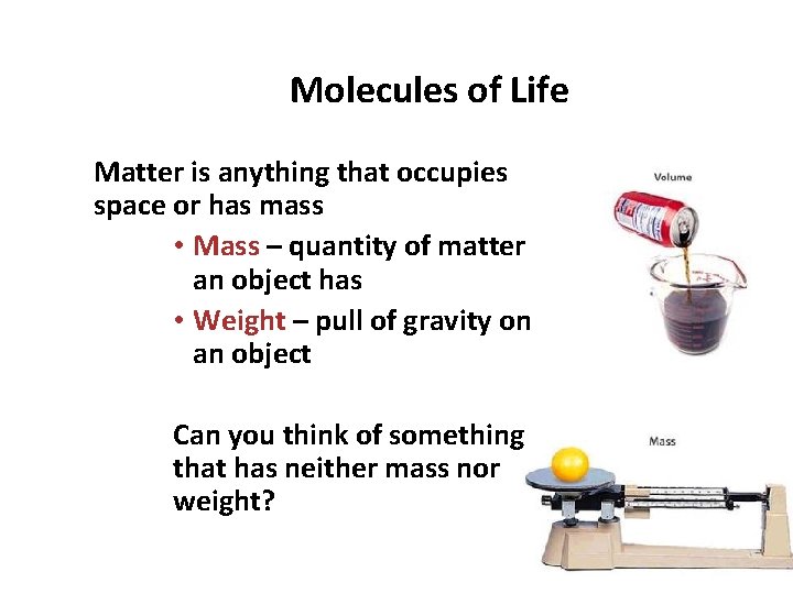 Molecules of Life Matter is anything that occupies space or has mass • Mass