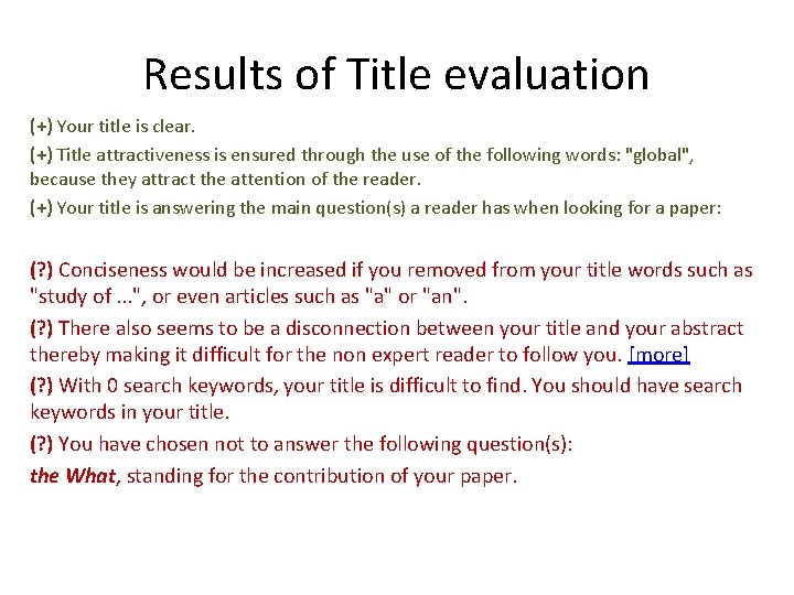 Results of Title evaluation (+) Your title is clear. (+) Title attractiveness is ensured