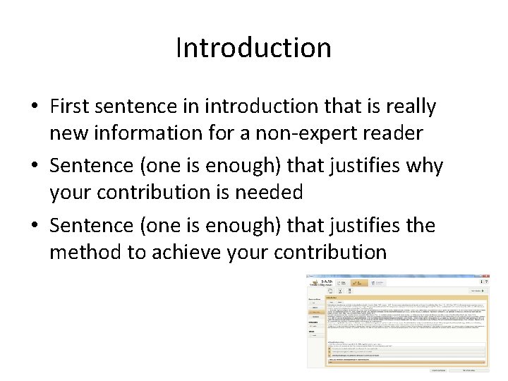 Introduction • First sentence in introduction that is really new information for a non-expert