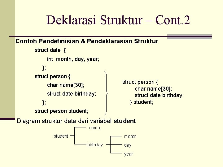 Deklarasi Struktur – Cont. 2 Contoh Pendefinisian & Pendeklarasian Struktur struct date { int