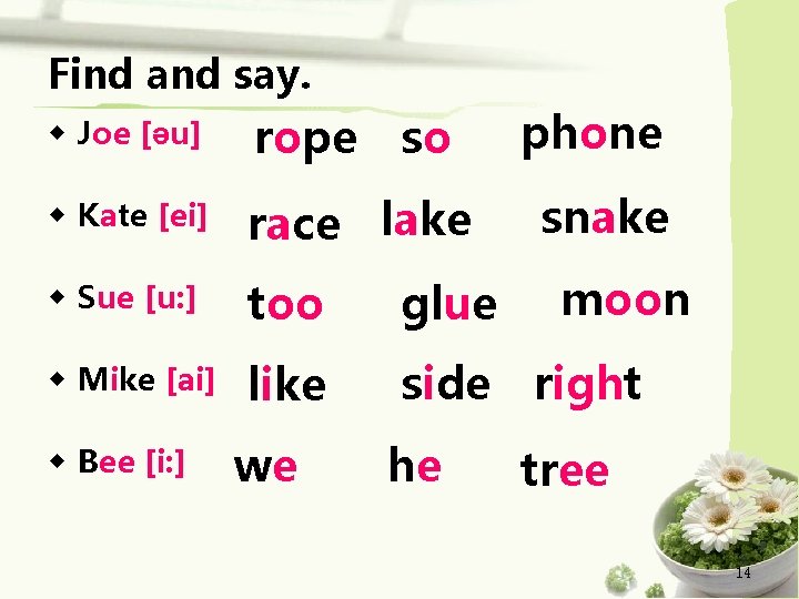 Find and say. ◆ Joe [əu] rope so phone ◆ Kate [ei] race lake