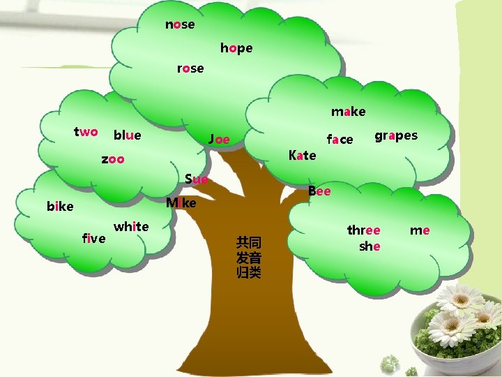 nose hope rose make two blue Joe Kate zoo Sue five white grapes Bee