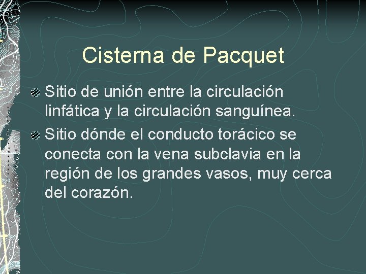 Cisterna de Pacquet Sitio de unión entre la circulación linfática y la circulación sanguínea.