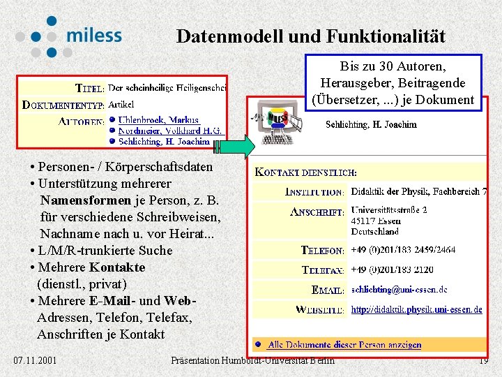 Datenmodell und Funktionalität Bis zu 30 Autoren, Herausgeber, Beitragende (Übersetzer, . . . )