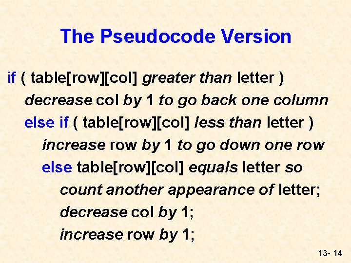 The Pseudocode Version if ( table[row][col] greater than letter ) decrease col by 1