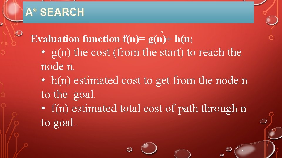 A* SEARCH Evaluation function f(n)= g(n)+ h(n( • g(n) the cost (from the start)