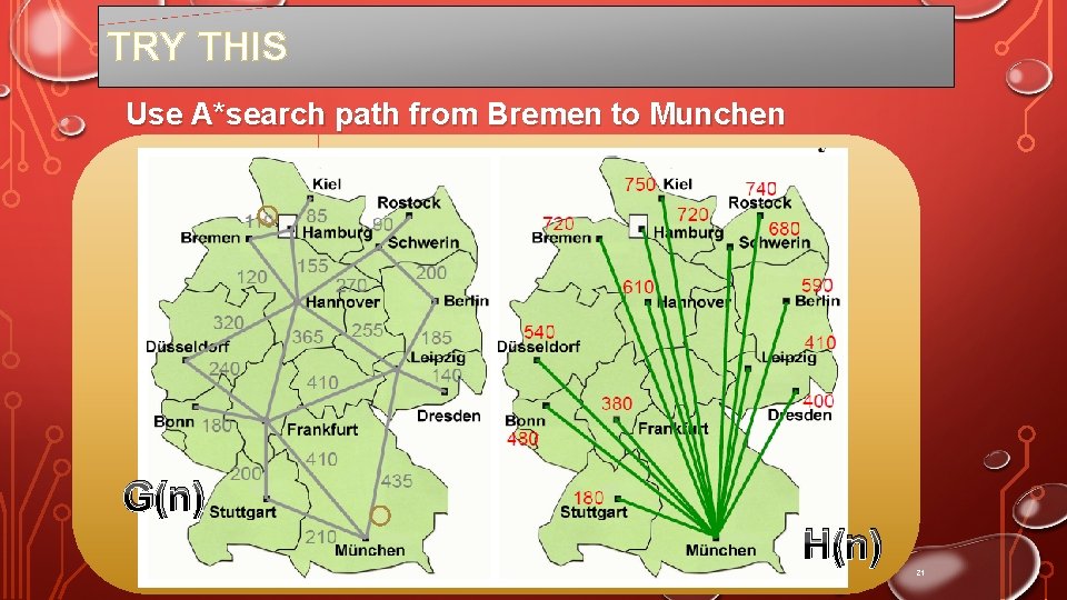 TRY THIS Use A*search path from Bremen to Munchen G(n) H(n) 21 
