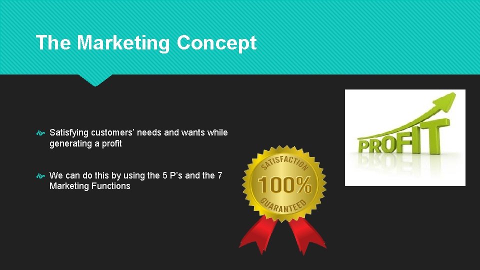 The Marketing Concept Satisfying customers’ needs and wants while generating a profit We can