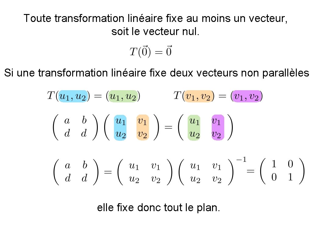 Toute transformation linéaire fixe au moins un vecteur, soit le vecteur nul. Si une