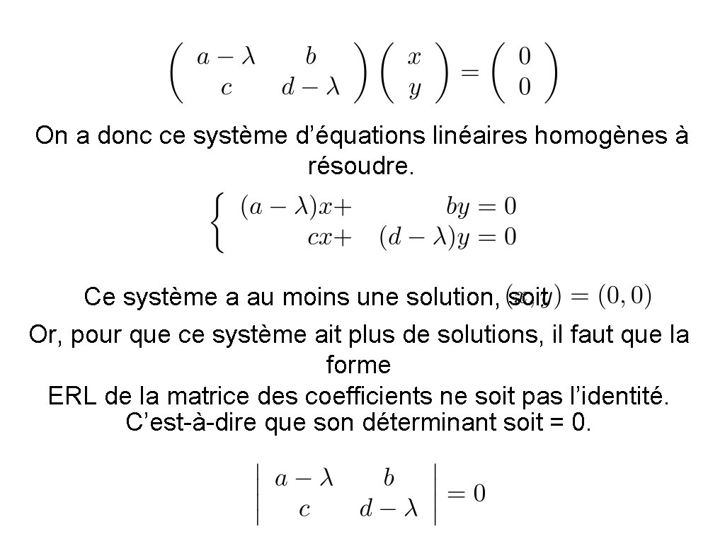 On a donc ce système d’équations linéaires homogènes à résoudre. Ce système a au