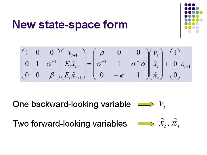 New state-space form One backward-looking variable Two forward-looking variables 