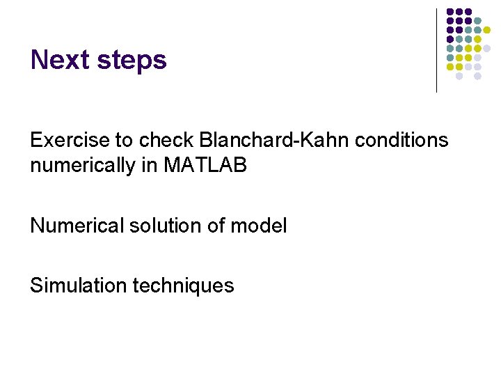 Next steps Exercise to check Blanchard-Kahn conditions numerically in MATLAB Numerical solution of model