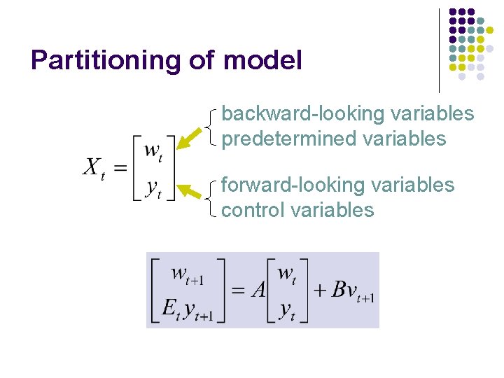 Partitioning of model backward-looking variables predetermined variables forward-looking variables control variables 