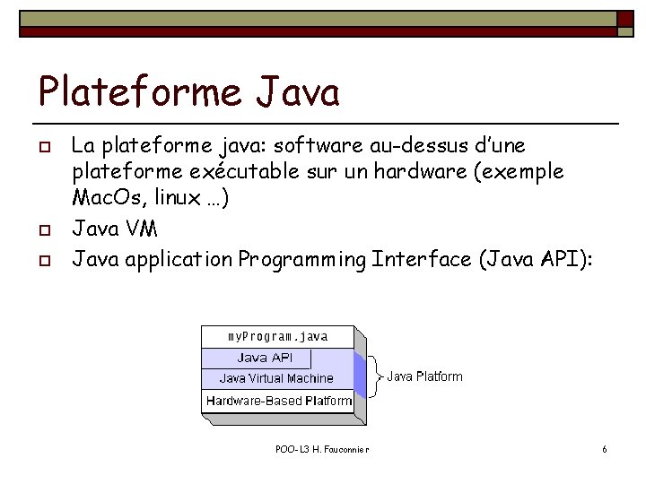 Plateforme Java o o o La plateforme java: software au-dessus d’une plateforme exécutable sur