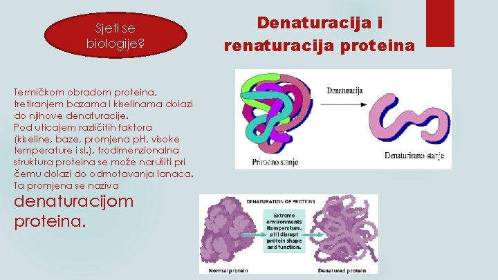 Sjeti se biologije? Termičkom obradom proteina, tretiranjem bazama i kiselinama dolazi do njihove denaturacije.