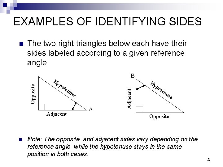 EXAMPLES OF IDENTIFYING SIDES The two right triangles below each have their sides labeled