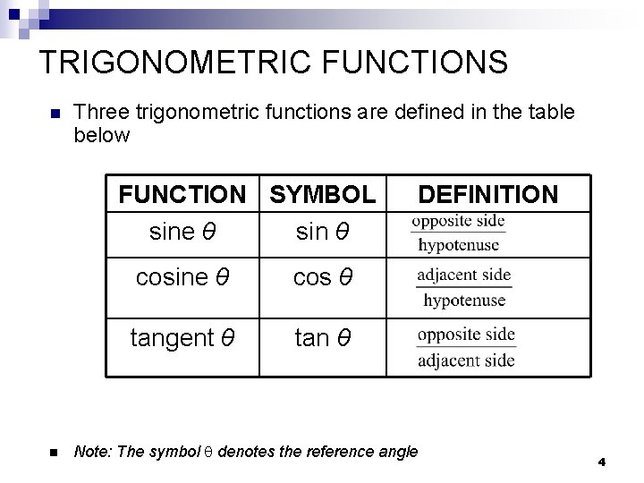 TRIGONOMETRIC FUNCTIONS n Three trigonometric functions are defined in the table below FUNCTION SYMBOL