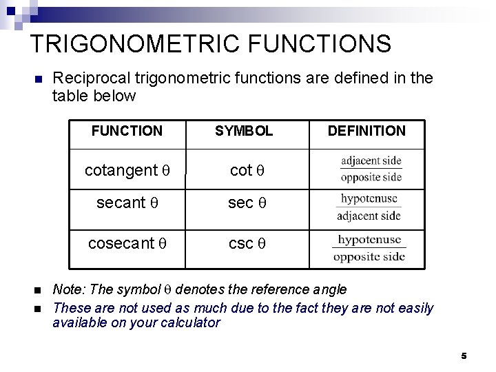 TRIGONOMETRIC FUNCTIONS n n n Reciprocal trigonometric functions are defined in the table below