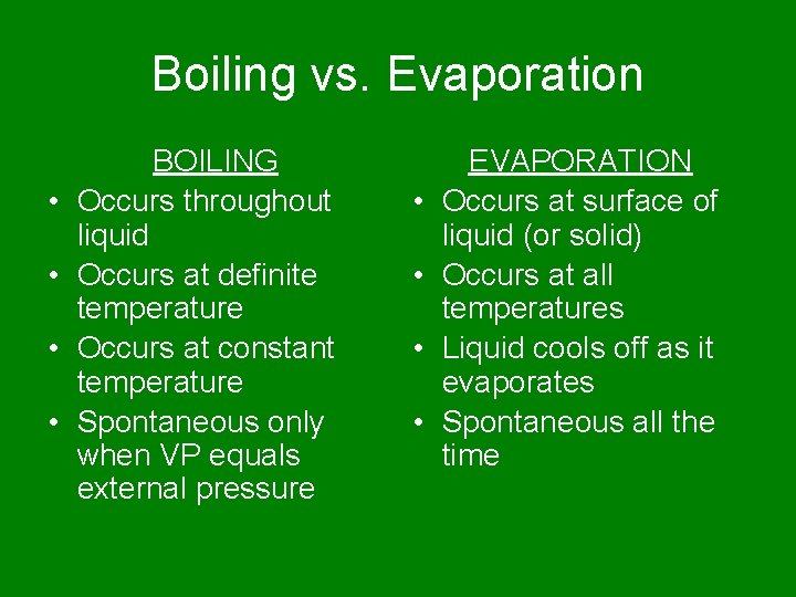 Boiling vs. Evaporation • • BOILING Occurs throughout liquid Occurs at definite temperature Occurs