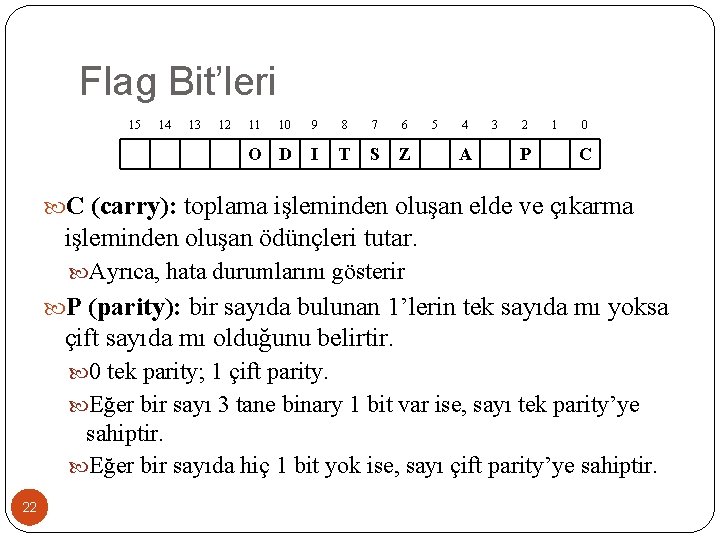 Flag Bit’leri 15 14 13 12 11 10 9 8 7 6 O D