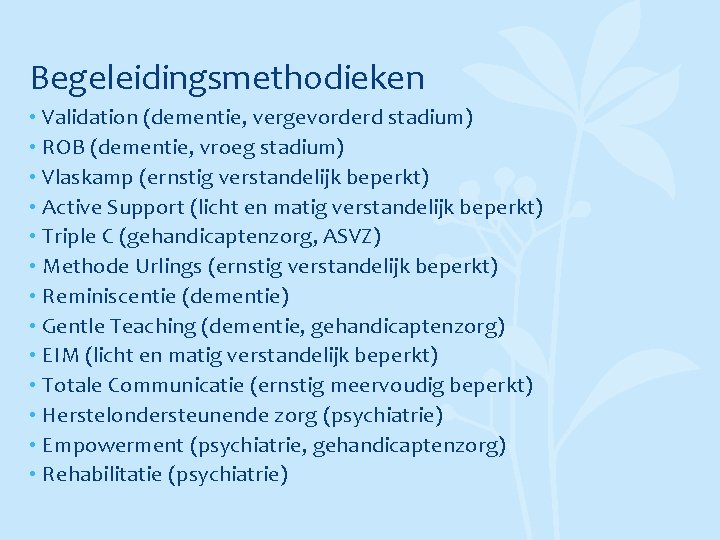 Begeleidingsmethodieken • Validation (dementie, vergevorderd stadium) • ROB (dementie, vroeg stadium) • Vlaskamp (ernstig