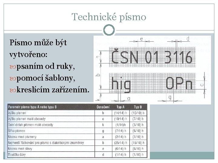 Technické písmo Písmo může být vytvořeno: psaním od ruky, pomocí šablony, kreslícím zařízením. 