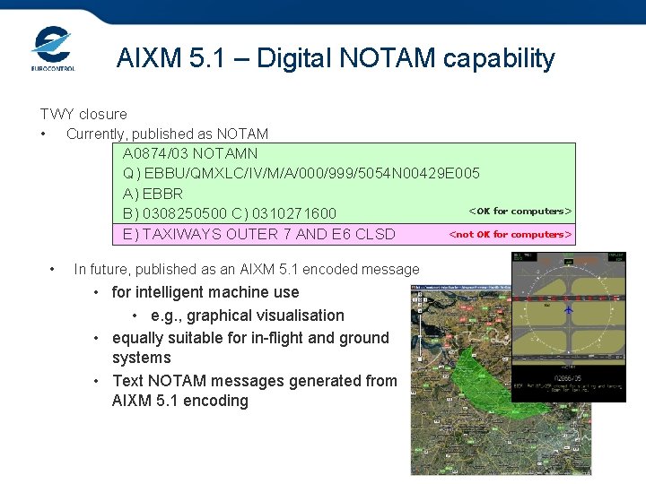 AIXM 5. 1 – Digital NOTAM capability TWY closure • Currently, published as NOTAM