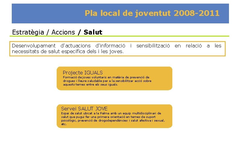 Pla local de joventut 2008 -2011 Estratègia / Accions / Salut Desenvolupament d’actuacions d’informació