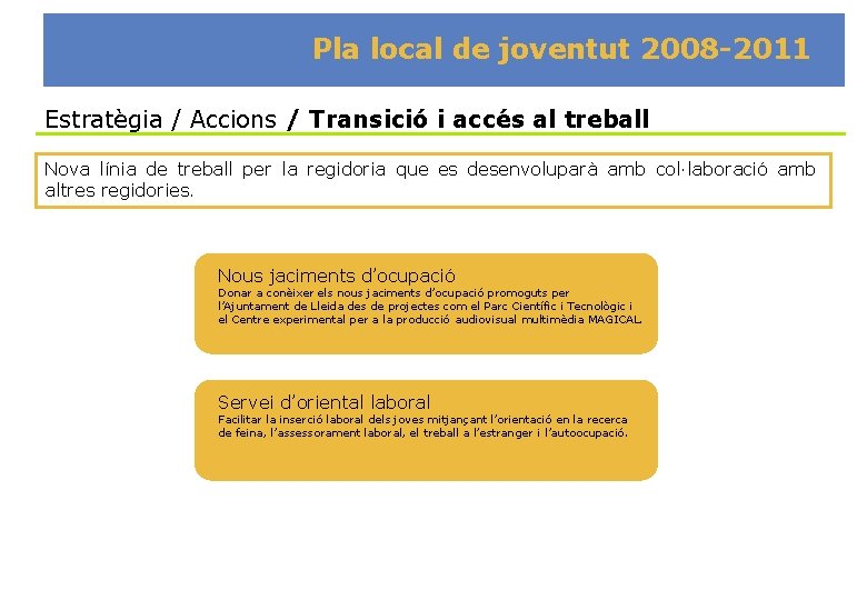 Pla local de joventut 2008 -2011 Estratègia / Accions / Transició i accés al