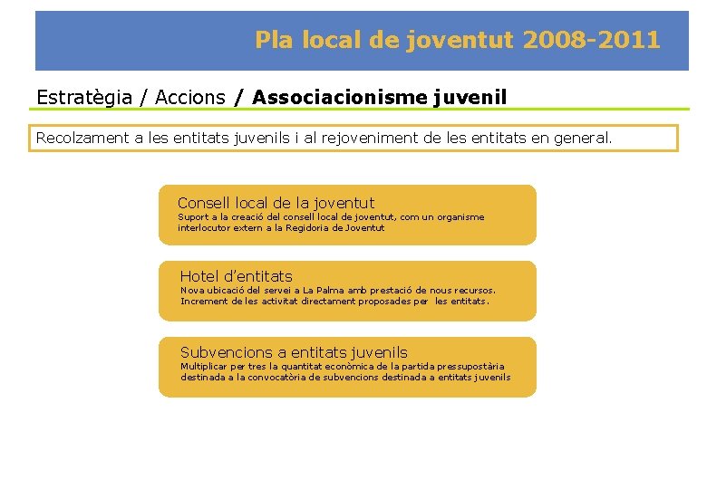 Pla local de joventut 2008 -2011 Estratègia / Accions / Associacionisme juvenil Recolzament a