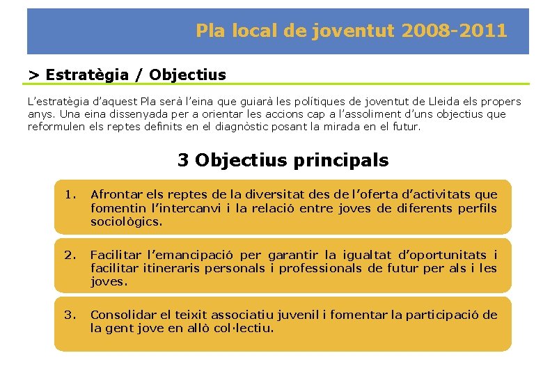 Pla local de joventut 2008 -2011 > Estratègia / Objectius L’estratègia d’aquest Pla serà