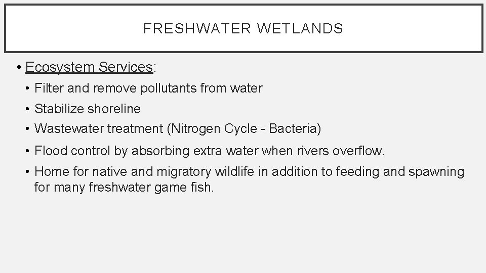 FRESHWATER WETLANDS • Ecosystem Services: • Filter and remove pollutants from water • Stabilize FRESHWATER WETLANDS • Ecosystem Services: • Filter and remove pollutants from water • Stabilize