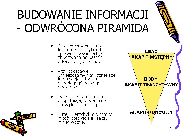 BUDOWANIE INFORMACJI - ODWRÓCONA PIRAMIDA • • Aby nasza wiadomość informowała szybko i sprawnie