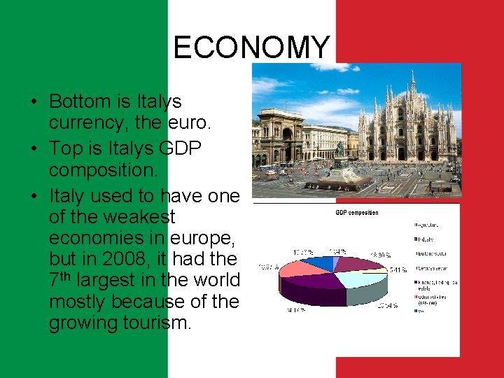 ECONOMY • Bottom is Italys currency, the euro. • Top is Italys GDP composition.