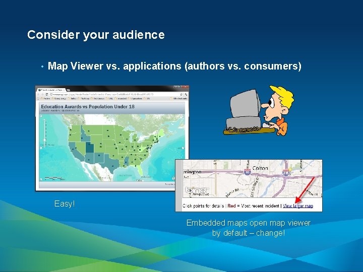 Consider your audience • Map Viewer vs. applications (authors vs. consumers) Easy! Embedded maps
