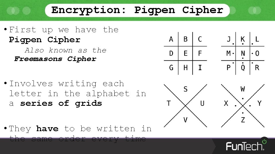 Encryption: Pigpen Cipher • First up we have the Pigpen Cipher Also known as