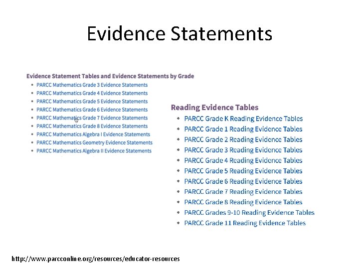 Evidence Statements http: //www. parcconline. org/resources/educator-resources 