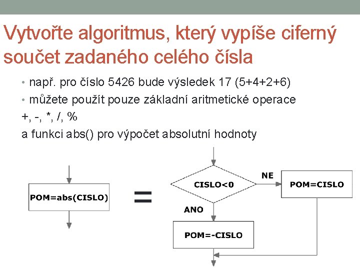 Vytvořte algoritmus, který vypíše ciferný součet zadaného celého čísla • např. pro číslo 5426