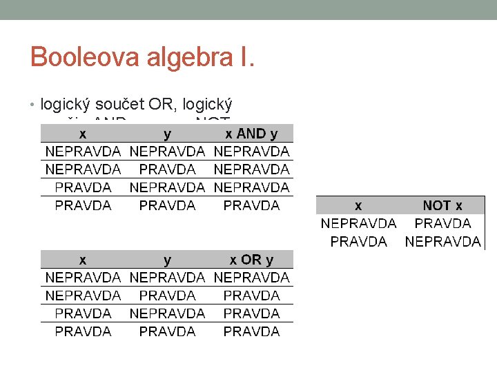 Booleova algebra I. • logický součet OR, logický součin AND, negace NOT 