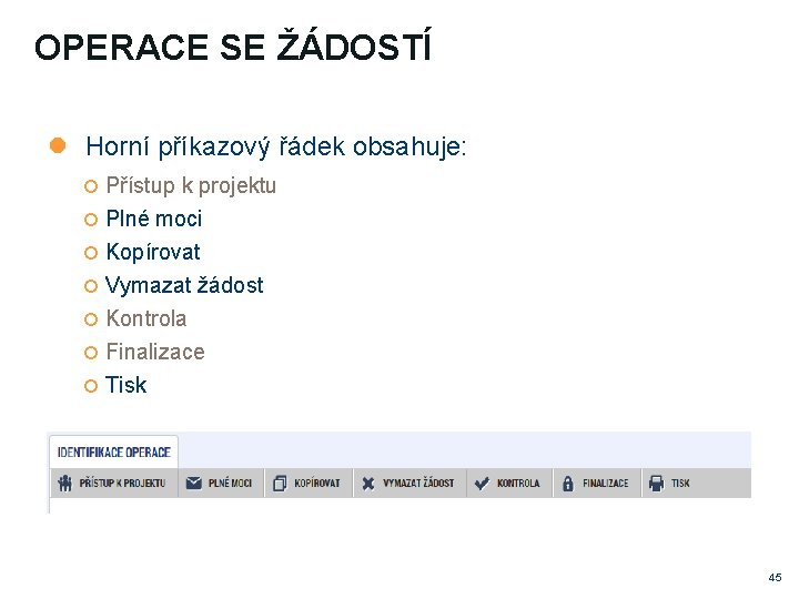 OPERACE SE ŽÁDOSTÍ Horní příkazový řádek obsahuje: Přístup k projektu Plné moci Kopírovat Vymazat