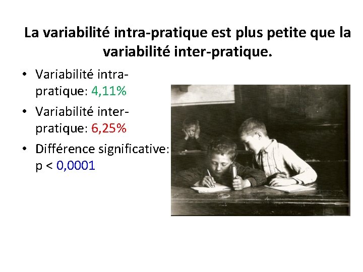 La variabilité intra-pratique est plus petite que la variabilité inter-pratique. • Variabilité intrapratique: 4,