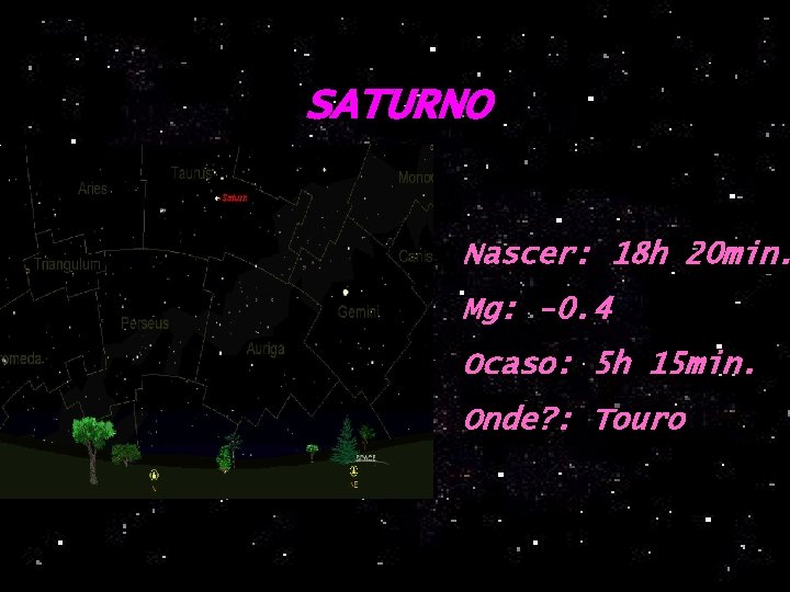 SATURNO Nascer: 18 h 20 min. Mg: -0. 4 Ocaso: 5 h 15 min.