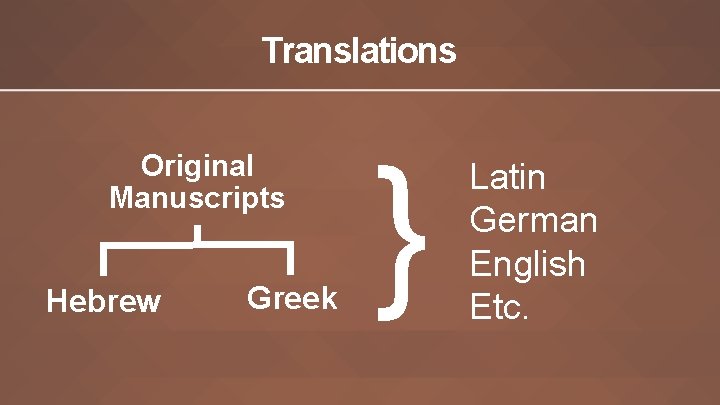 Translations Original Manuscripts Hebrew Greek } Latin German English Etc. 