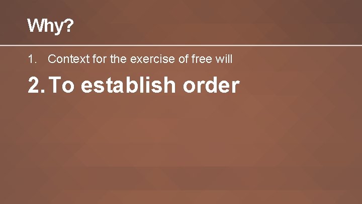 Why? 1. Context for the exercise of free will 2. To establish order 