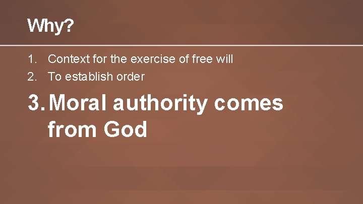 Why? 1. Context for the exercise of free will 2. To establish order 3.
