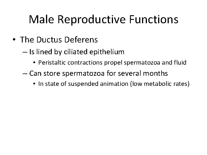 Male Reproductive Functions • The Ductus Deferens – Is lined by ciliated epithelium •