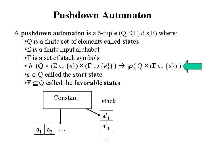 Pushdown Automaton A pushdown automaton is a 6 -tuple (Q, , , , s,