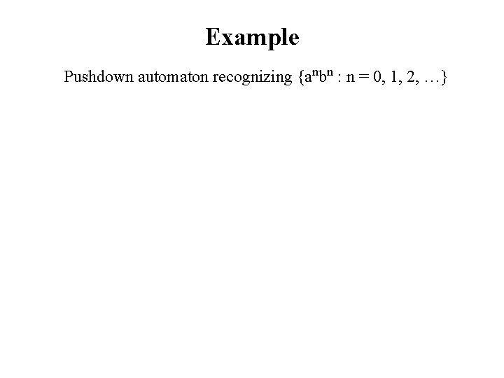 Example Pushdown automaton recognizing {anbn : n = 0, 1, 2, …} 