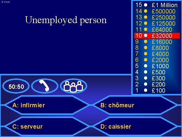 © A Smith Unemployed person 50: 50 A: infirmier B: chômeur C: serveur D: